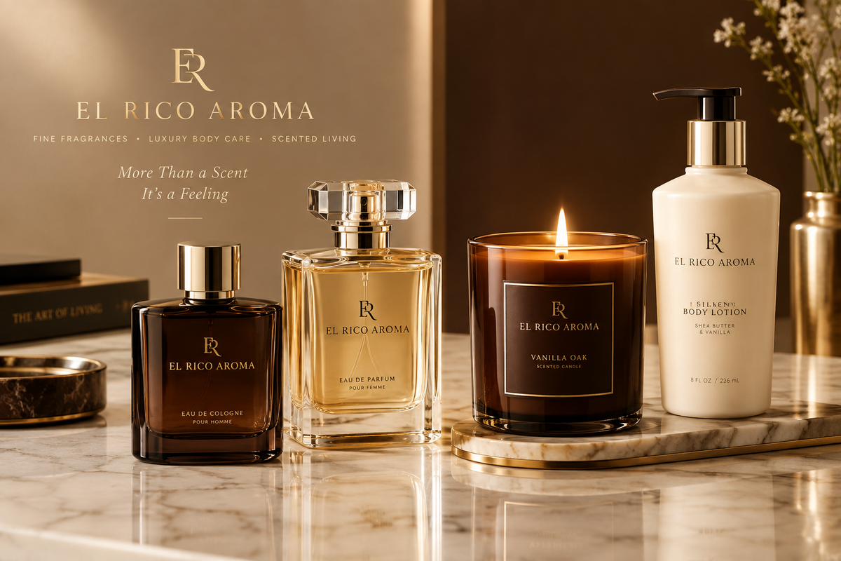 El Rico Aroma secondary banner with cologne, lotion, and candles